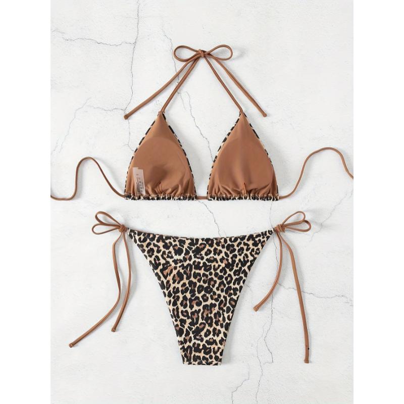 2 Piece Leopard Print Triangle Halter Neck High Cut Tie Side Swimsuits, Women's Swimwear & Clothing Bikini Set
