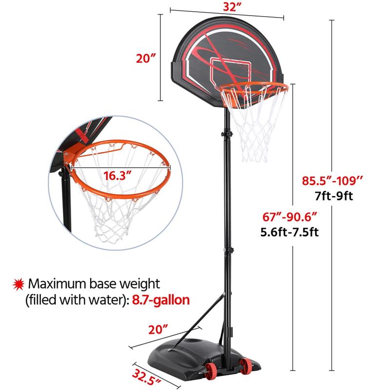SmileMart 7 to 9 Ft Portable Basketball System Hoop for Outdoor Indoor, Black \ Red