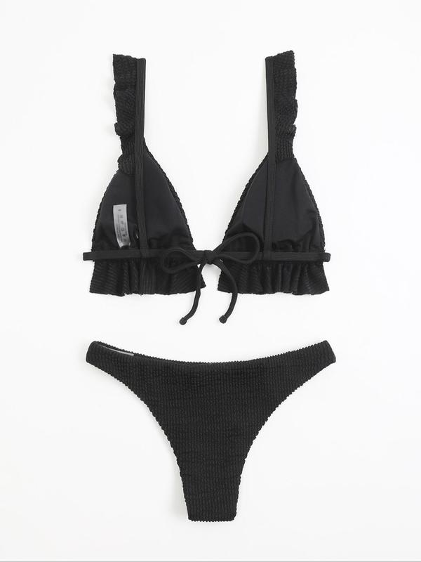 Women's 2pcs Textured Ruffle Trim Bikini Swimsuit Set, Boho Fashion Tie Back Triangle Swim Top & Thong Swim Bottom Two-Piece Swimwear Set for Summer, Ladies Swimsuit for Beach Holiday Vacation