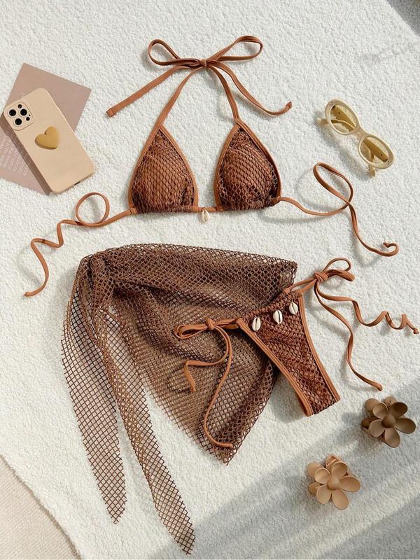 Women's Sexy Fishnet Shell Decor Halter Bikinis Set, Casual Tie Back Triangle Swim Bra & Tie Side Swim Bottom & Self-Knot Cover Up Skirt Set, Ladies Summer Swimsuit for Beach Holiday Vacation