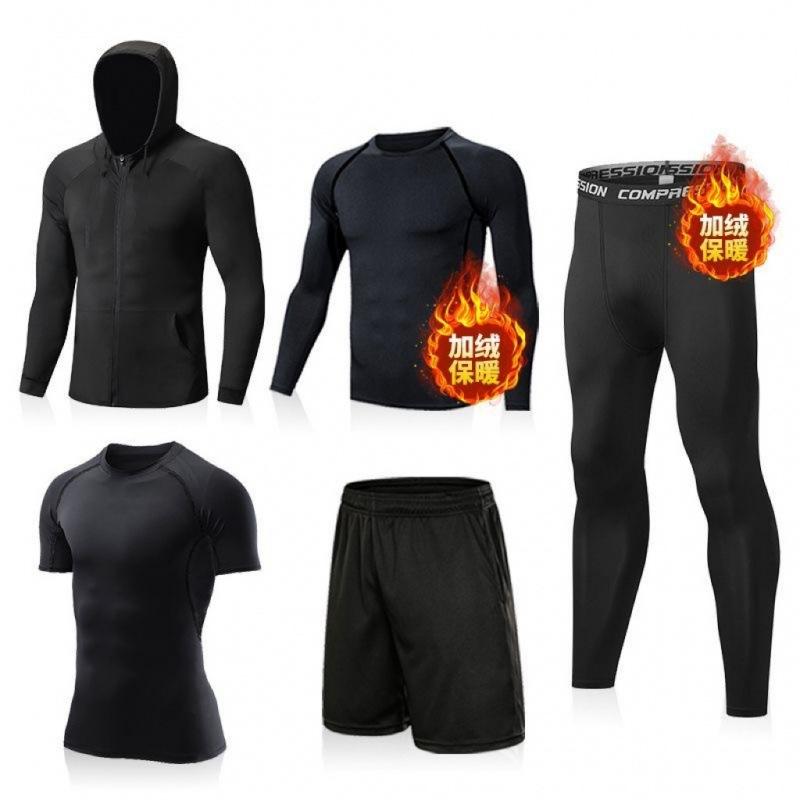 Fitness Clothes Men's Suit Autumn and Winter Fleece-lined Tights Sports Basketball Running Training High Elastic Long Sleeve Five-Piece Set Halloween