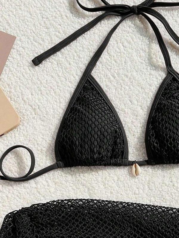 Women's Sexy Fishnet Shell Decor Halter Bikinis Set, Casual Tie Back Triangle Swim Bra & Tie Side Swim Bottom & Self-Knot Cover Up Skirt Set, Ladies Summer Swimsuit for Beach Holiday Vacation