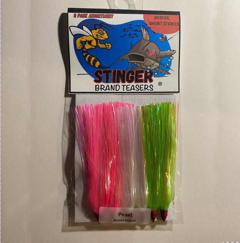 Stinger Brand Teasers Assortment 6 Pack - Helps Reduce Short Strikes - Bucktail Fash & Pearl Flash Series - J-hooks & Glow Beads Included