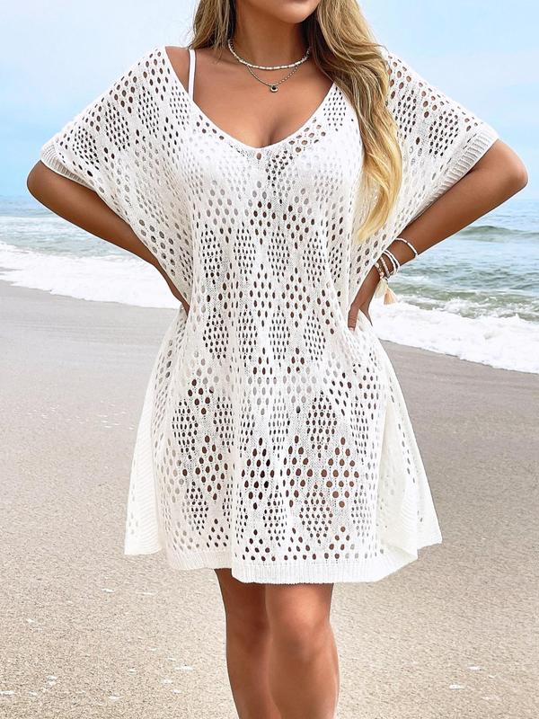Women's Plain Hollow Out Split Cover Up, Boho Casual V Neck Batwing Sleeve Cover Up For Beach Vacation Holiday, Ladies Summer Clothes