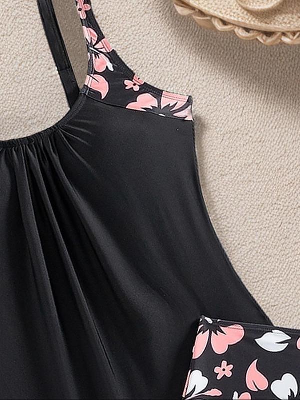 Women's Floral Print Ruched Tankini Set, Adjustable Strap U Neck Swim Top & High Waist Swim Shorts, Two-piece Swimsuit for Summer Beach Holiday Vacation