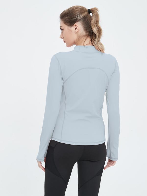 Women's Solid Zip Up Stand Collar Sports Outerwear, Quick Drying Long Sleeve Sports Top For Running Workout Gym Yoga, Ladies Sportswear Clothing For Spring & Fall