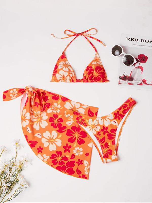 Three-piece Set Women's Floral Print Halter Bikini Set, Tie Back Triangle Swim Bra & Swim Panty & Cover Up Skirt Set, Three-piece Swimsuit for Beach Holiday Vacation