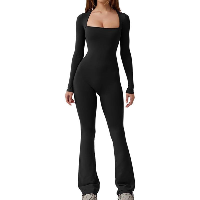 Womens Shapewear Yoga Jumpsuits with Tummy Control Workout Long Sleeve Square Neck Sport Jumpsuits, Flare Leggings Body Suits,Shaping garments