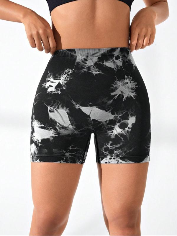Women's Tie Dye Print Ruched Wide Band Waist Sports Shorts, Gym Shorts, Casual Comfy Breathable High Stretch Skinny Shorts for Yoga Gym Workout Running, Ladies Sportswear