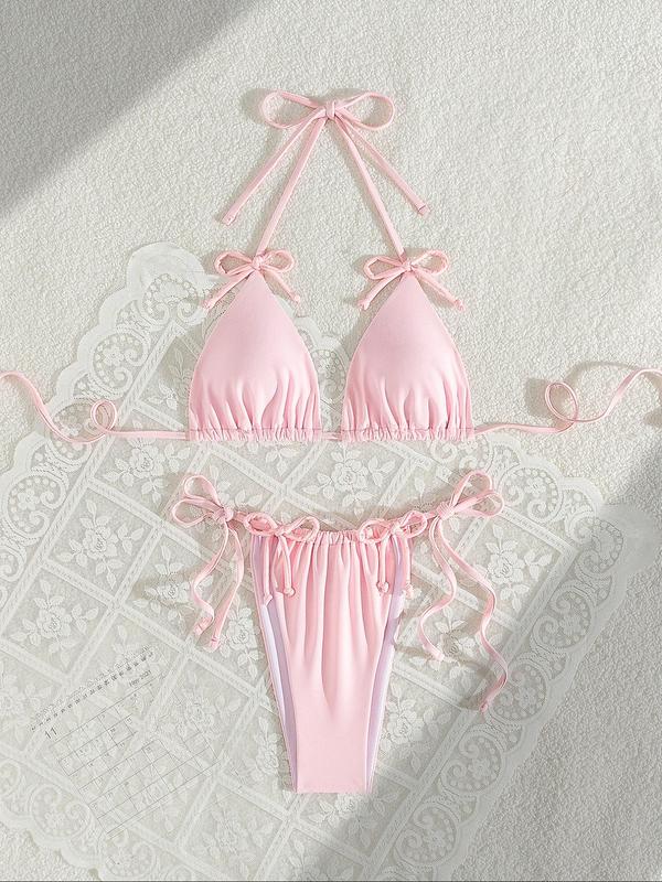 Two-piece Set Women's Solid Tie Back Halter Bikini Top & Drawstring Side Swim Bottom Set, Casual Fashion Sexy Swimwear Set for Beach Holiday Vacation, Ladies Swimsuit for All Seasons