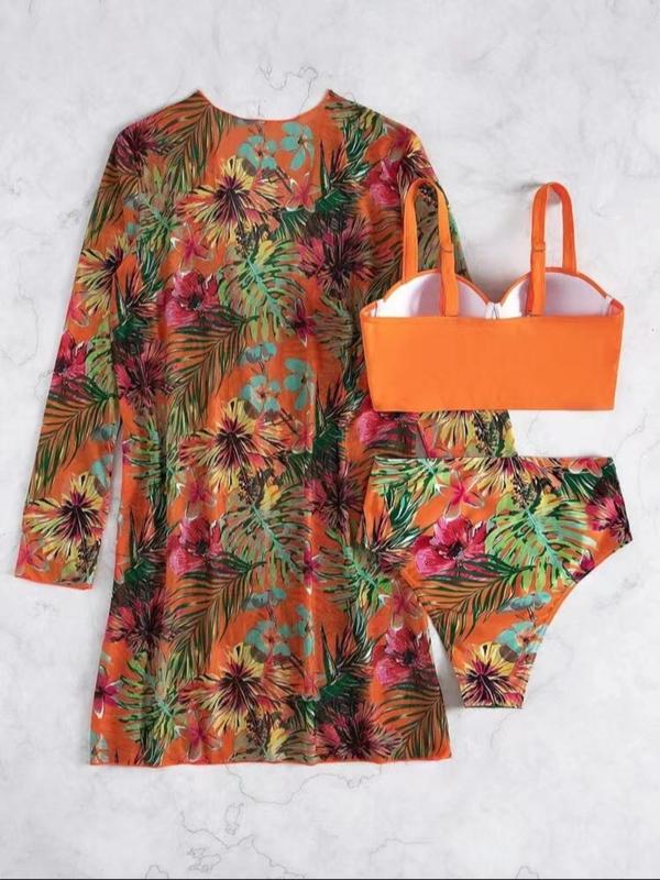 Three-Piece Set Women's Tropical Print Swimsuit Set, Boho Plain Adjustable Strap Push Up Underwire Swim Bra & High Waist Ruched Swim Panty & Long Sleeve Cover Up Set, Ladies Summer Beach Holiday Vacation Swimwear, Swimsuit for Women