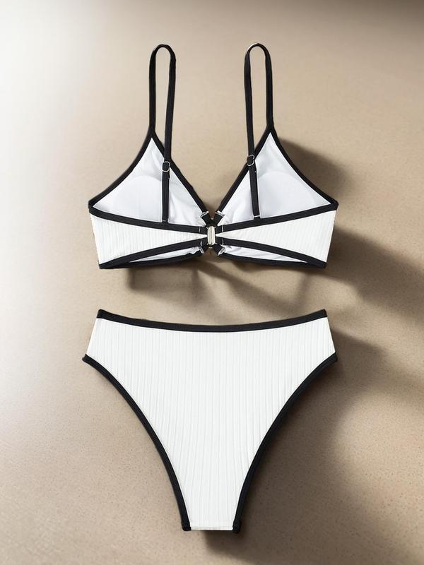 2 Pieces Two-Piece Set Women's Plain Contrast Binding Summer Bikini Set, Summer Clothes Women, O-ring Decor Ruched Swim Top & High Cut Swim Bottom Two-piece Swimsuit, Bathing Suits, Swimsuit Sets Bathing Suits 2024 for Women Summer Tummy Control Swimwear