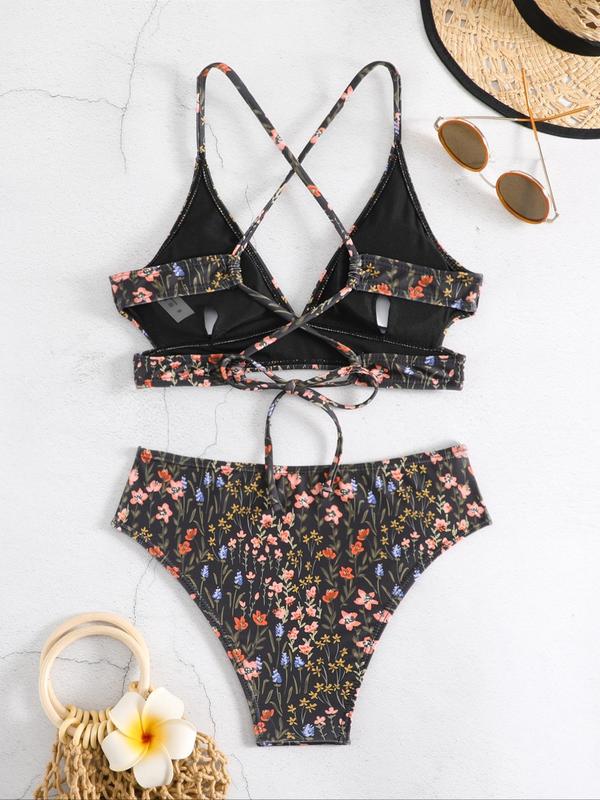Two-Piece Set Women's Floral Print Criss Cross Bikini Set, Casual Wireless Swim Top & Swim Bottom, Women's Swimsuit for Summer Beach Holiday Vacation
