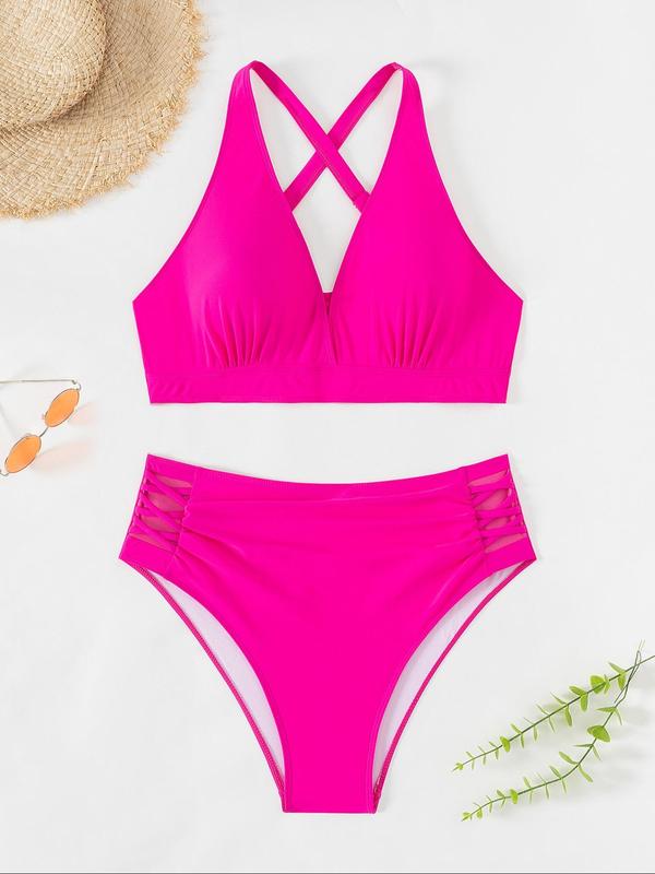 Plus Size Solid Criss Cross Ruched Bikini Set, Adjustable Strap Swim Top & High Waist Swim Bottom, Women's Two-piece Swimsuit for Beach Holiday Vacation