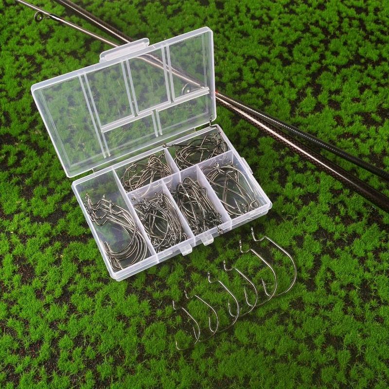 Fishing Hook Set, 100pcs box Wide Body Carbon Steel Curved Shank Hook, Hook Tip Sharp Suitable for Soft Bait Fishing