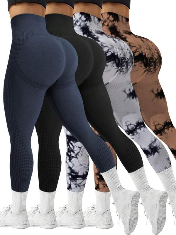 Women's Solid & Tie Dye Print High Waist Sports Leggings, Casual Comfy Breathable Seamless Skinny Pants for Yoga Gym Workout, Ladies Sportswear for All Seasons