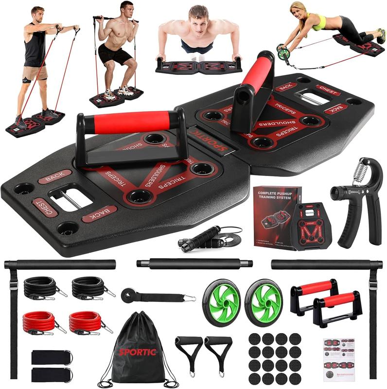 Push Up Board with Resistance Bands, Ab Roller Wheel & Pilates Bars Portable Home Gym Set for Full Body Workout, Foldable Exercise Equipment