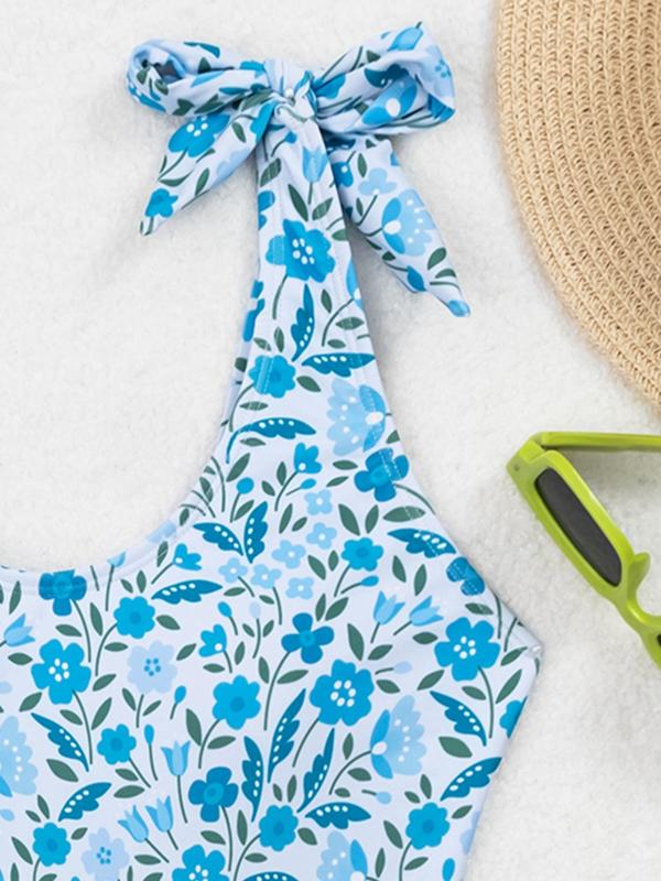 Women's Floral Print Bow Decor U Neck Backless One-Piece Swimsuit, Casual Sleeveless Swimwear for Beach Holiday Vacation, Ladies Swimsuit for All Seasons