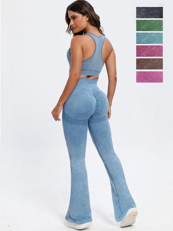 Three-Piece Set Women's Solid Square Neck Wireless Sports Bra & High Waist Flare Leg Leggings & Shorts Tracksuit Set, Sporty Outfits for Yoga Gym Running, Ladies Sportswear