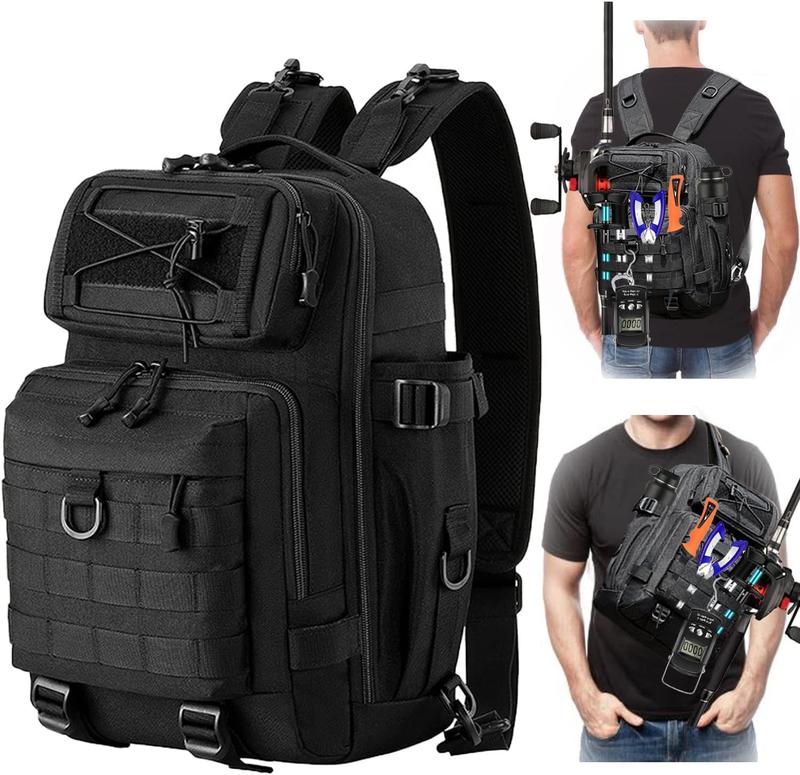 Fishing Backpack Tackle Bag Sling Bag, Water-Resistant Fishing Backpack with Rod Holder, Large Fly Fishing Bag for Fishing, Camping, Hiking, Fishing Gifts for Men