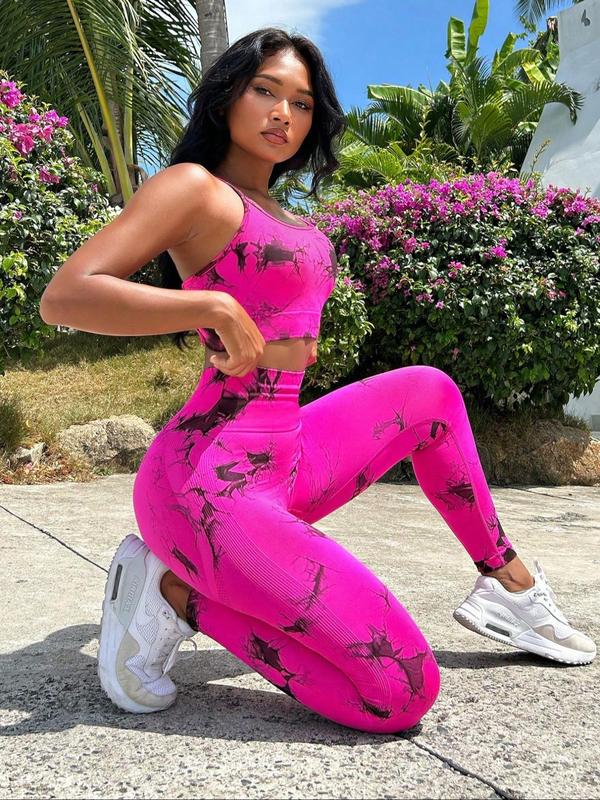 2 Piece Set Women's Tie Dye Print Sports Tracksuit Set, Backless Criss Cross Crop Cami Top & High Waist Leggings, Jogging Suit Set, Ladies Sportswear for Indoor Outdoor Wear, Minimalistic Outfit, Birthday Outfit Black Girl, Fall Outfits