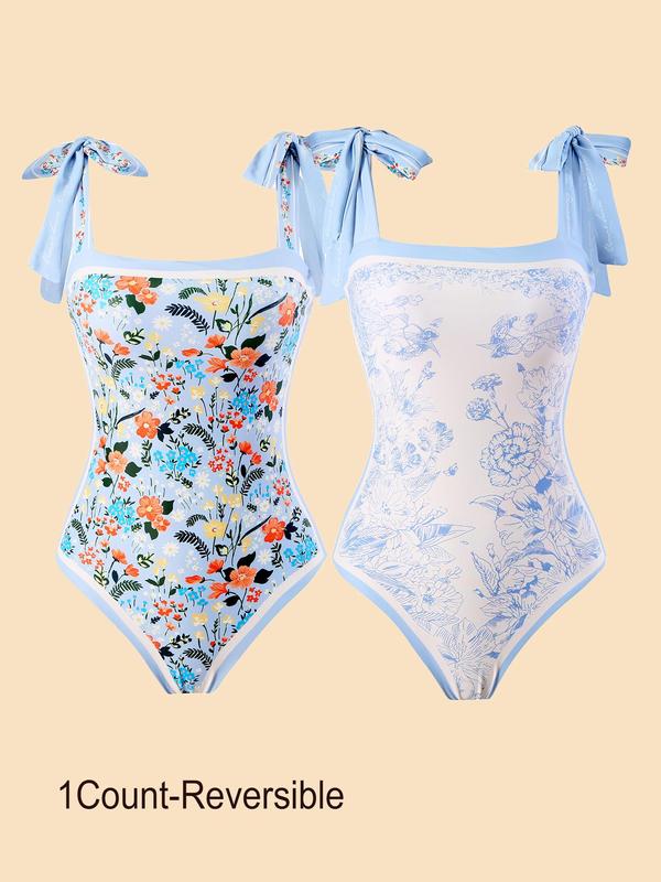 Women's Knot Contrast Binding One-piece Swimsuit, Vintage Floral & Flamingo Print Swimwear, Ladies Summer Swimsuit for Beach Holiday Vacation