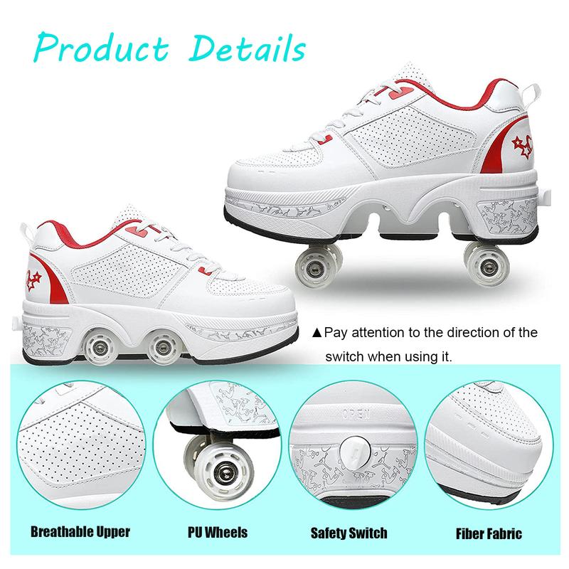 Yousulun Deformation Roller Skate Shoes, White Red Rollerskates with 4 Retractable Wheels, Roller Skates for Men and Women, 2-in-1 Shoes for Outdoor Sport, Comfortable Sneakers, Unique Gift