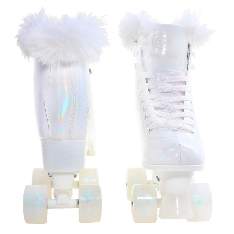 JajaHoho Roller Skates for Women, White Holographic High Top PU Leather Rollerskates, Shiny Double-Row Four Pearl Giltter Wheels Quad Skates for Girls and Age 8-50 Indoor Outdoor (White Swan)