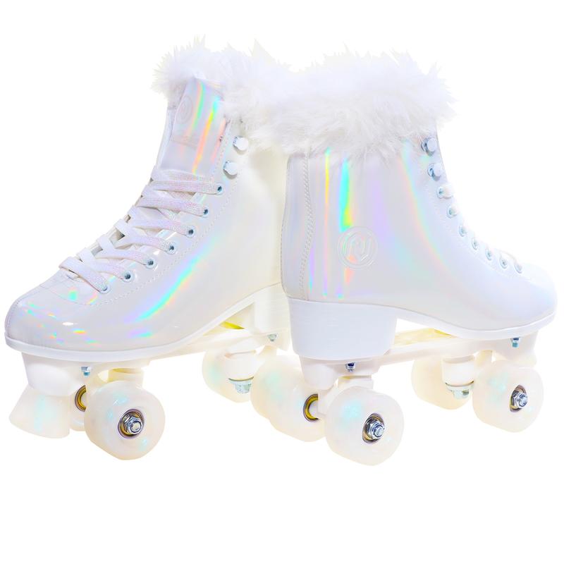 JajaHoho Roller Skates for Women, White Holographic High Top PU Leather Rollerskates, Shiny Double-Row Four Pearl Giltter Wheels Quad Skates for Girls and Age 8-50 Indoor Outdoor (White Swan)