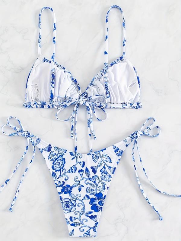 Two-Piece Set Women's Floral Print Bikini Set, Casual Drawstring Tie Back Bikini Top & Tie Side Swim Thong, Summer Beach Holiday Vacation Swimwear Set for Women