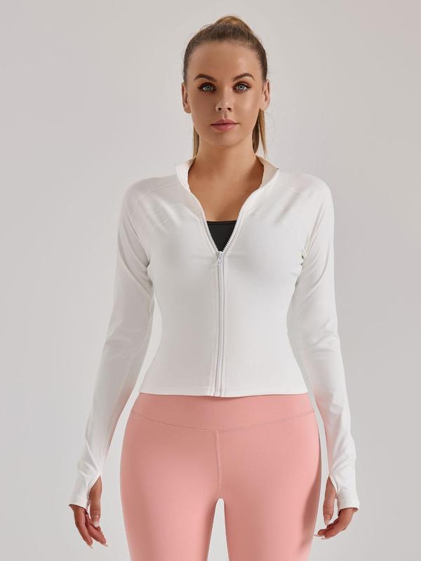 Women's Solid Zip Up Sports Jacket, Sporty Raglan Sleeve Stand Collar Outerwear for Gym Workout Running, Ladies Sportswear for All Seasons