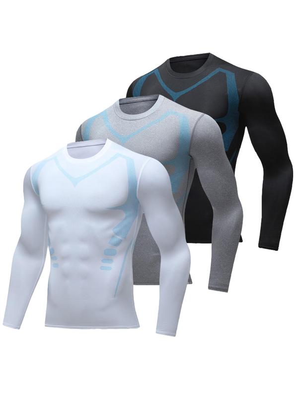 Men's 3pcs Graphic Print Compression Tee, Long Sleeve Stretch Breathable Quick Dry Gym Training Tee, Basketball Soccer Running Sports T-shirt