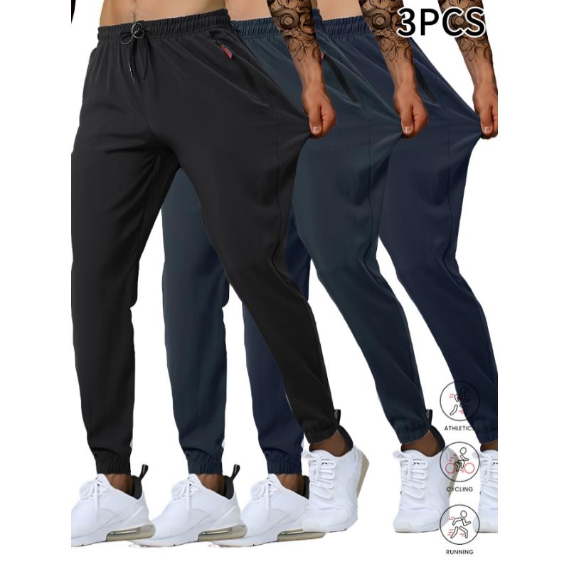 3pcs Breathable Athletic Joggers Set - Men's Quick-Dry Sweatpants for Gym & Outdoor Activities, Solid Color with Pockets