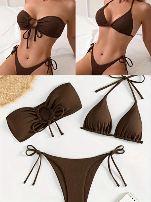 Three-Piece Set Women's Solid Ruched Bikinis Set, Casual Halter Tie Back Swim Top & Ruched Cut Out Swim Top & Tie Side Swim Bottom Swimwear Set, Ladies Summer Swimsuit for Beach Holiday Vacation