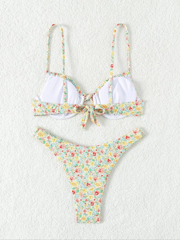 Two-Piece Set Women's Ditsy Floral Print Tie Front Bikini Sets, Tie Back Underwire Swim Bra & High Cut Swim Bottom, Fashion Chic Ladies Bathing Suit for Summer Beach Vacation, Summer Outfits 2024
