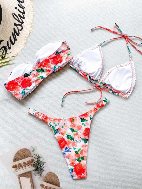 Three-piece Set Women's Floral Print Bikini Set, Boho Scallop Trim Bandeau Swim Top & Tie Back Swim Bra & Swim Thong, Summer Swimwear Set for Women