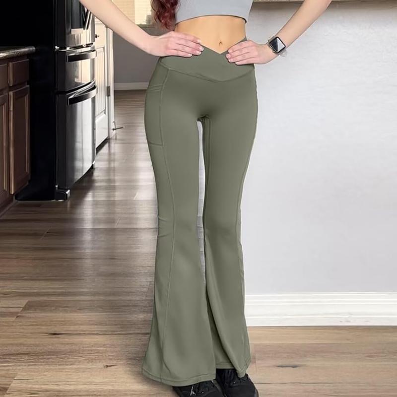 Women Flare Leggings Scrunch Butt with Pockets V Crossover Workout Gym Yoga Pants Lifting Bell Bottom Leggings