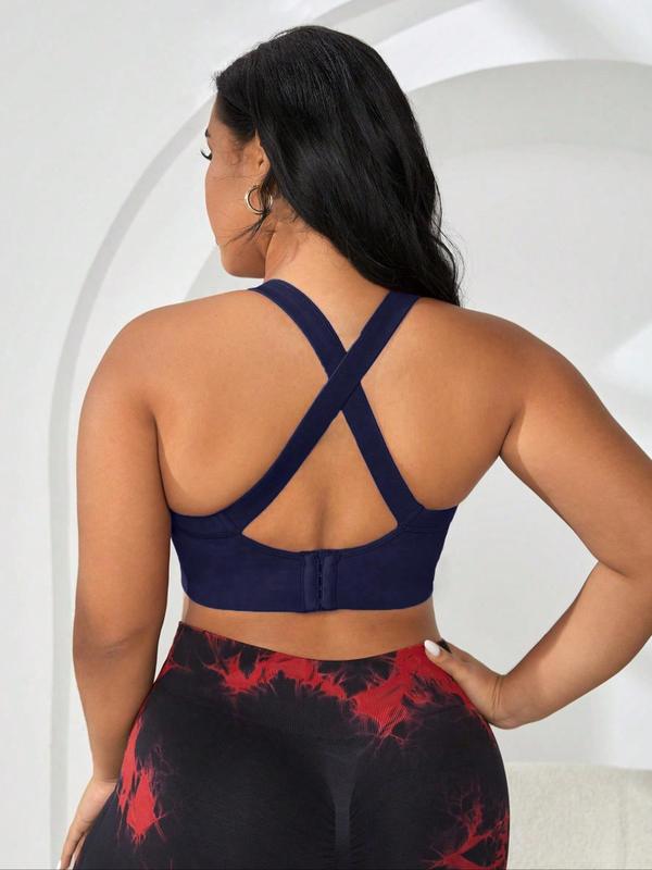 Plus Size Solid Criss Cross Backless Sports Bra With Hook & Eye, Breathable High Stretch Sports Bra, Women's Sport & Outdoor Clothing for Indoor Outdoor Wear