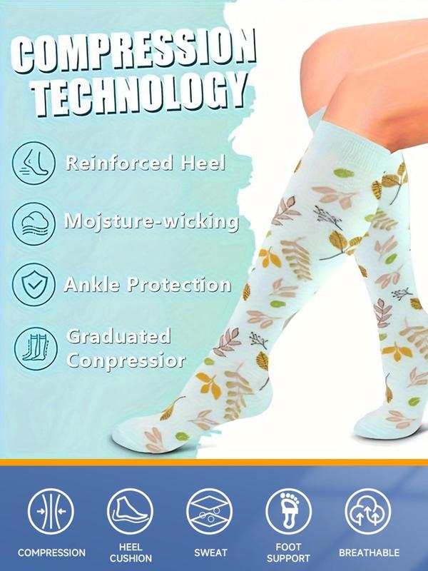 Women's Floral & Leaf Print Compression Socks, Non-slip Shock-absorbing Sports Socks for Hiking, Yoga, Running & Fitness, High Stretch Casual Long Socks