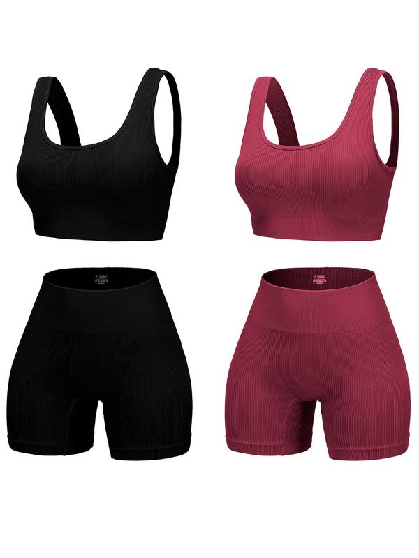 Women's Solid Scoop Neck Crop Sports Top & High Waist Shorts Sports Set, Breathable Comfortable Two-piece Outfits for Yoga Gym Workout Running, Ladies Sportswear for All Seasons