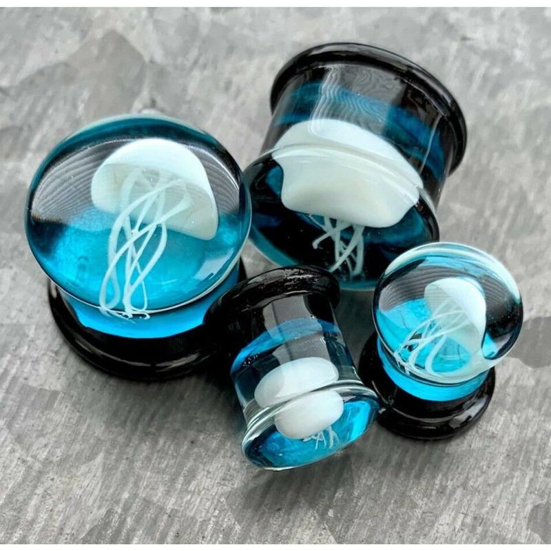 PAIR of Stunning Floating Jellyfish Design Pyrex Glass Double Flare Plugs -Gauges 0g (8mm) through 1