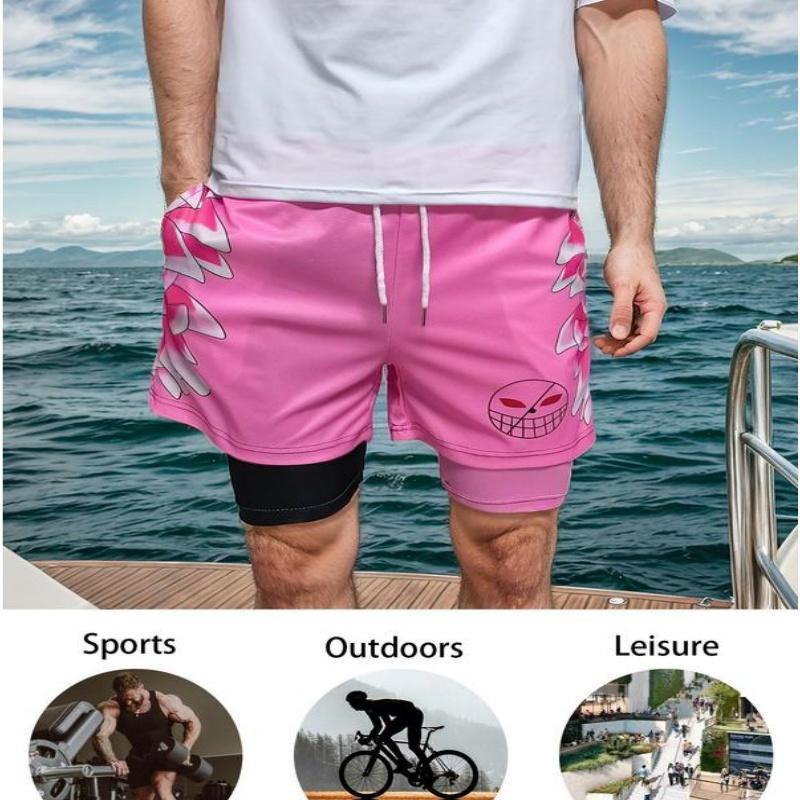 Men's Colorblock and Cartoon Print Drawstring Waist 2 in1 Sports Shorts,  Regular Fit Sporty Pocket Quick Drying Breathable Shorts, Gym Clothing 01