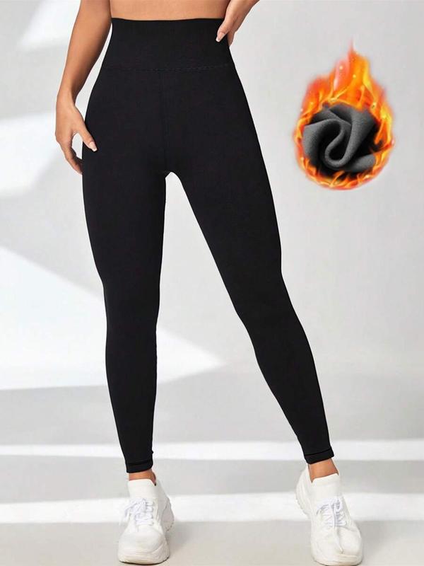 Women's Solid High Waist Thermal Lined Sports Leggings, Casual Comfy Warm Skinny Pants for Yoga Gym Workout Running, Ladies Sportswear for Fall & Winter
