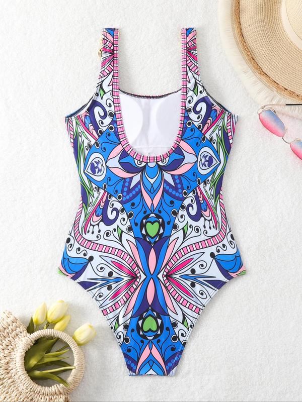 Women's Ethnic Pattern Chain Decor Backless Swimsuit, Boho Sleeveless Swimwear for Beach Holiday Vacation, Swimsuit for Women, Ladies Bathing Suits 2024, Tummy Control Swimwear for Women