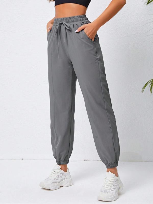 Women's Drawstring Waist Pocket Joggers, Casual Sporty Comfy High Waist Trousers for Outdoor Workout Running, Women Sport & Outdoor Clothing for Summer