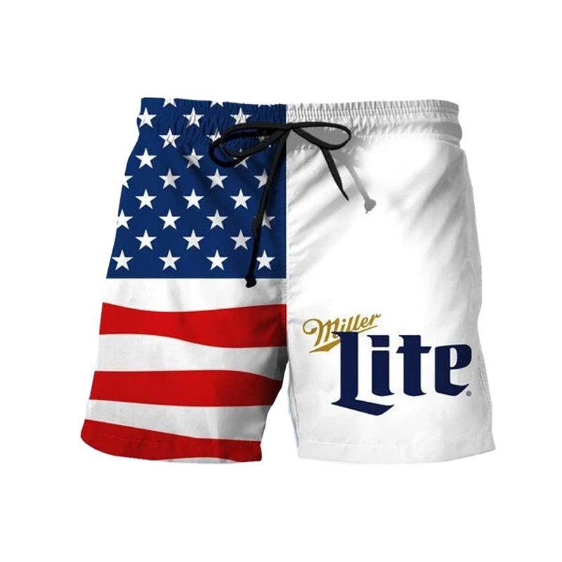 USA Flag Fourth Of July Miller Lite Swim Trunks