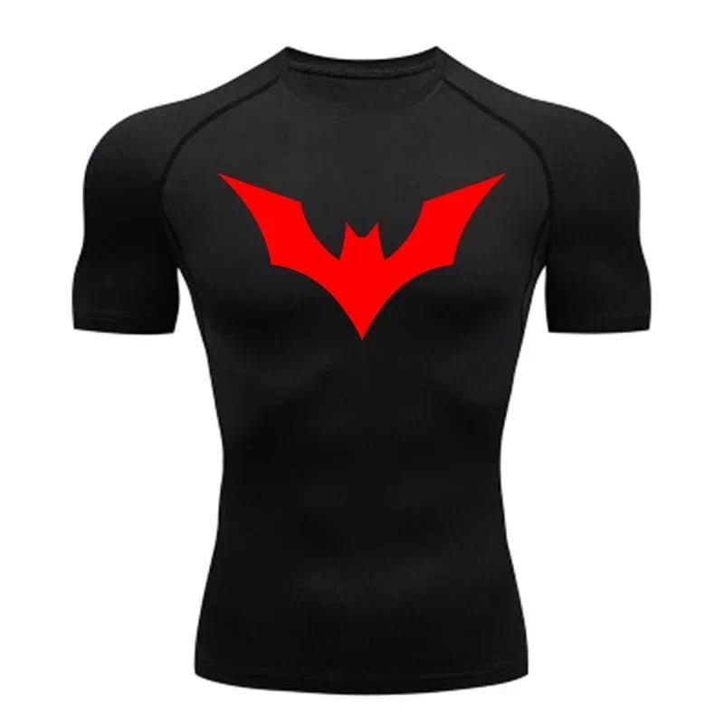 Men's Outdoor Sports T-Shirt Compression Bat Print Shirts Men Summer Short Gym Running Top Crew Neck Sweatshirt Quick Dry Fitness Workout Clothing