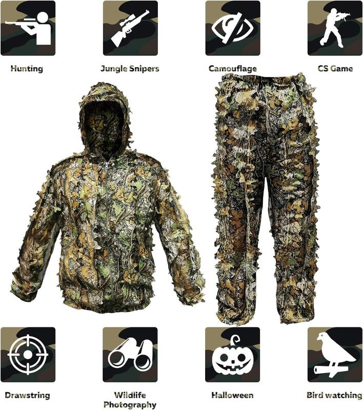 Ghillie Suit Outdoor Leafy Suit for Hunting Super Lightweight Hooded Camouflage Including Clothes Gloves Face Mask and Bag