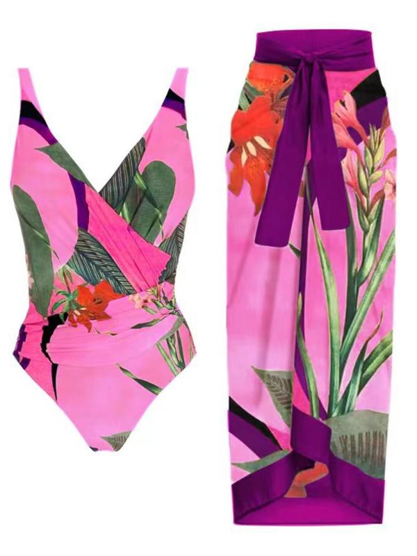 Two-Piece Set Women's Floral Print Ruched Swimsuit Set, Boho Wrap V Neck One-piece Swimsuit & Knot Front Cover Up Skirt, Ladies Swimwear for Beach Holiday Vacation