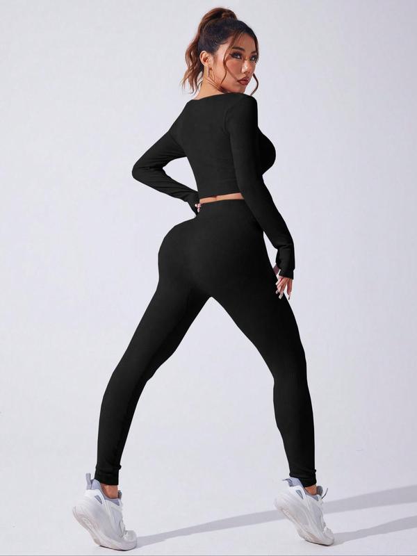 Women's Solid Long Sleeve Thumb Hole Design Crop Sports Tee, Sporty Square Neck Ribbed Cropped Top for Yoga Gym Workout Running, Ladies Sportswear for All Seasons
